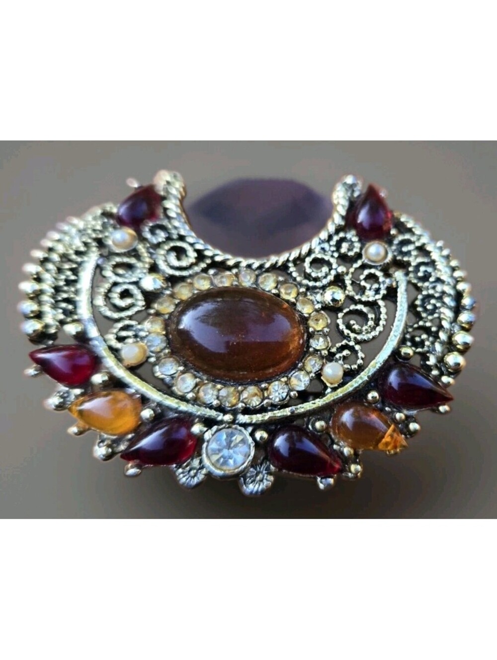 Brooch Half Moon Filigree Rhinestone Honey Color Cabochons Vintage Gold Brooch
